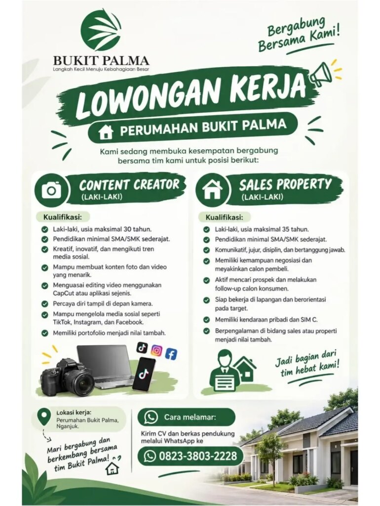 Poster lowongan Content Creator, Sales Property Perumahan Bukit Palma