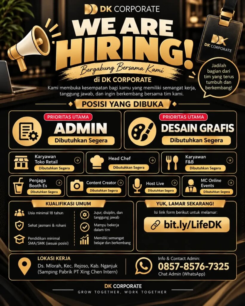Poster lowongan Admin, Desain Grafis, Head Chef, Host Live dan posisi lain DK Corporate