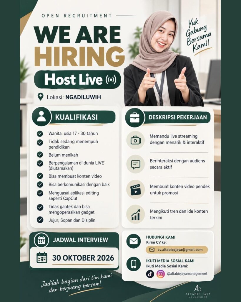 Poster lowongan Host Live CV Altabie Jaya