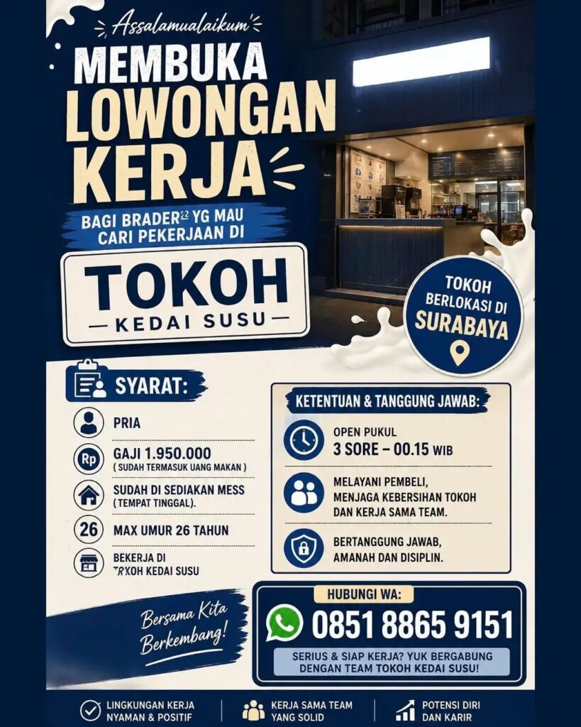 Poster lowongan Karyawan Kedai Susu (Pria) Tokoh Kedai Susu