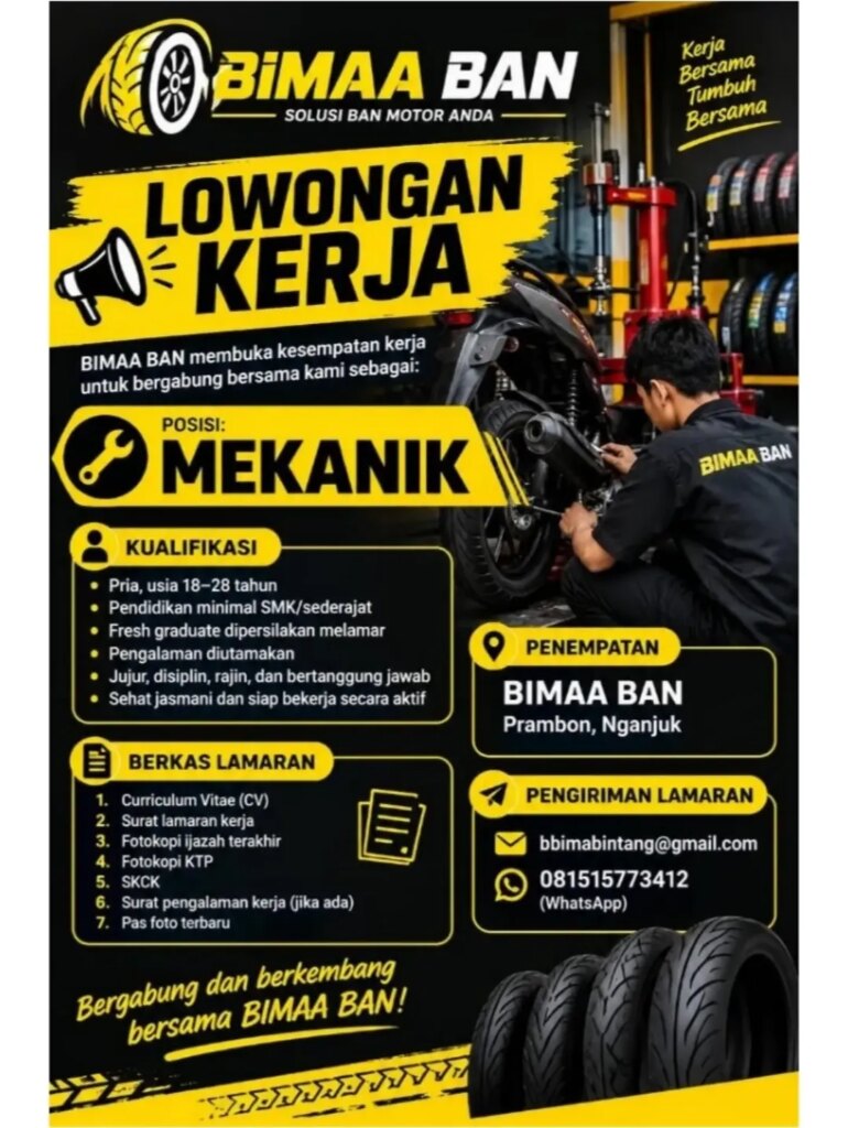 Poster lowongan Mekanik Bimaa Ban