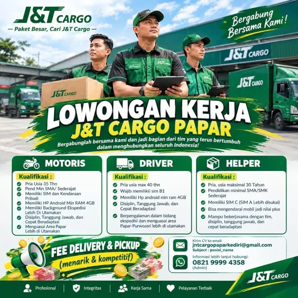 Poster lowongan Motoris, Driver, Helper JNT Cargo Papar Kediri